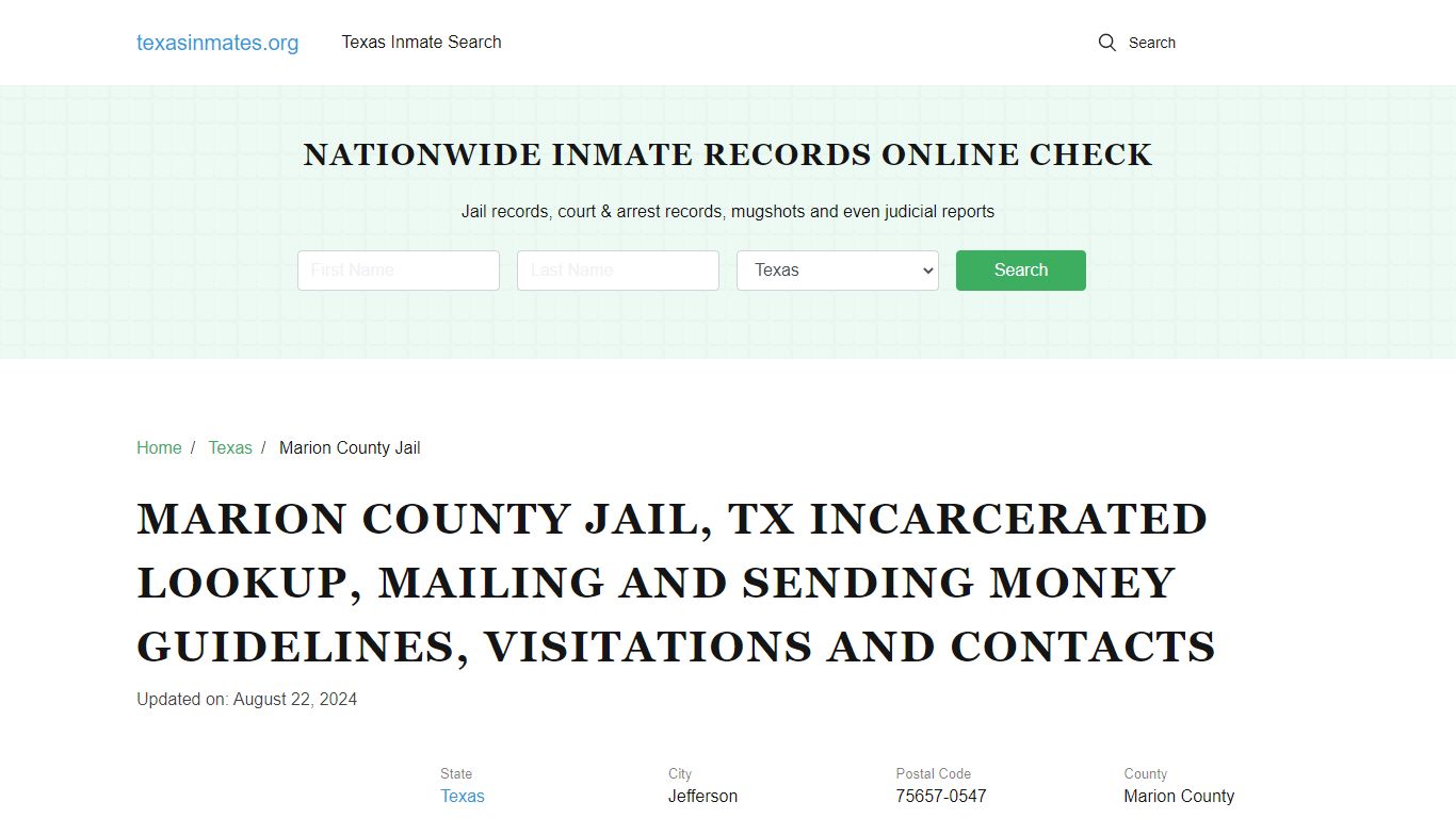 Marion County Jail, TX: Inmate Search, Visitations, Contacts